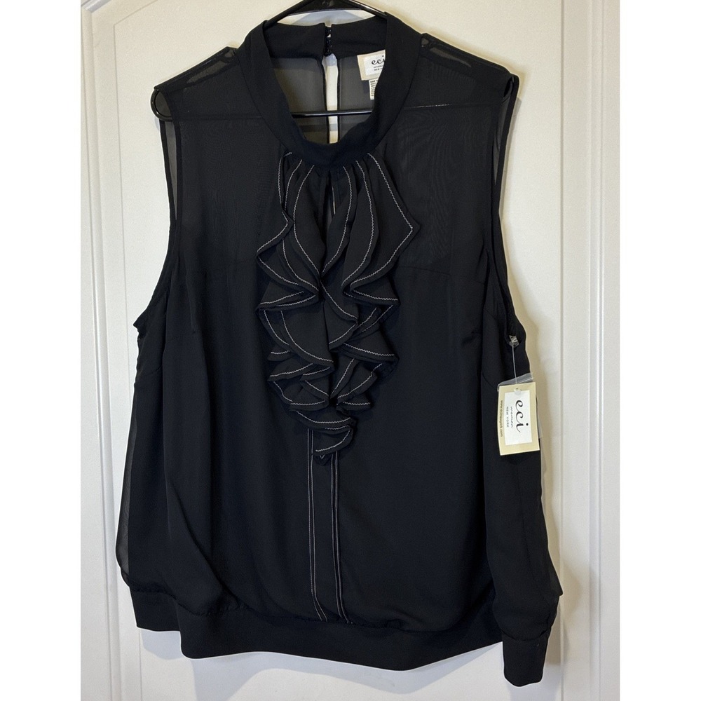 ECI New York Black Sleeveless Ruffle Front Blouse Sheer Mesh Yoke Size 22 NWT